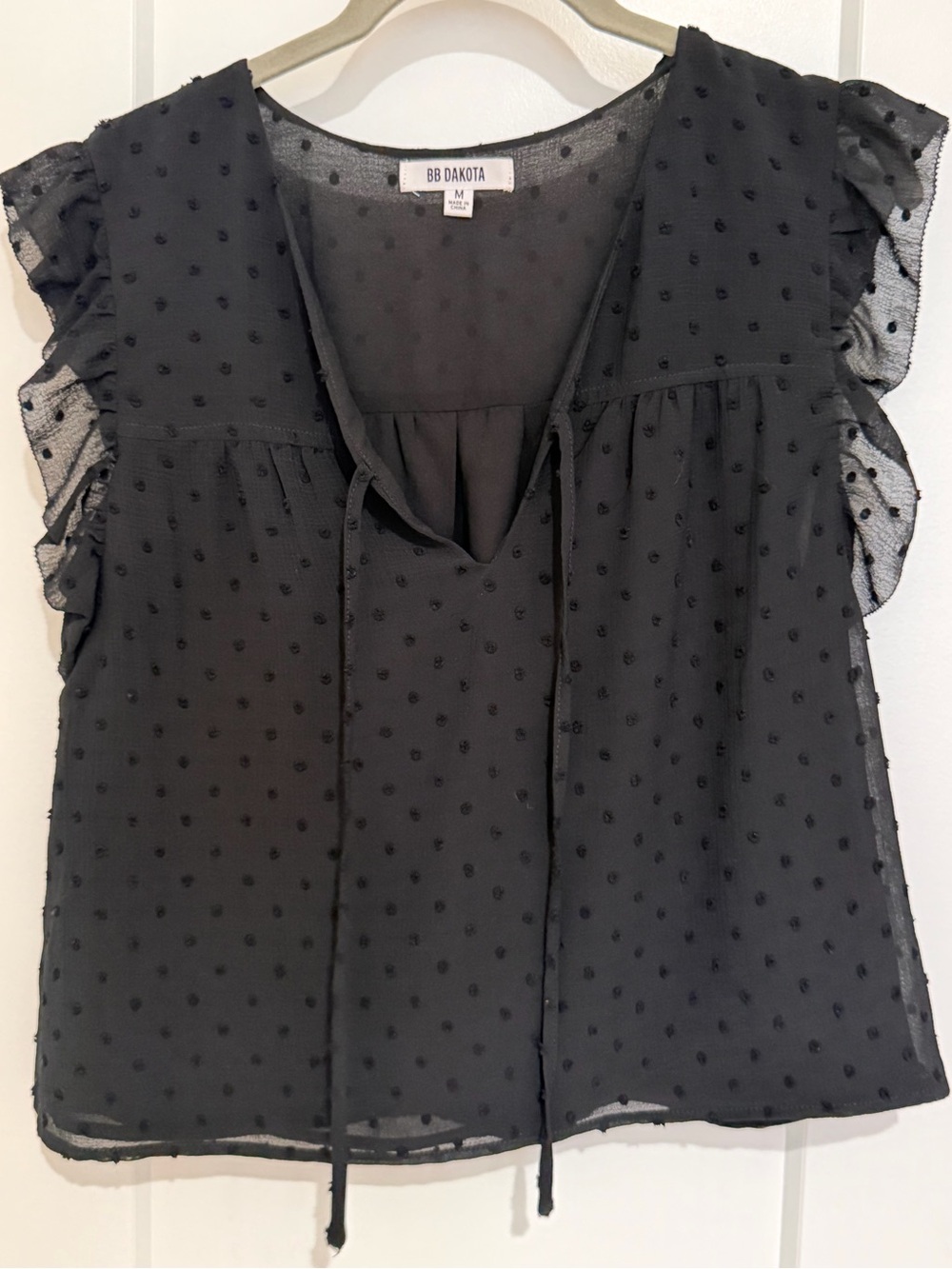 BB Dakota Black Swiss Dot Ruffle Tie-Neck Blouse